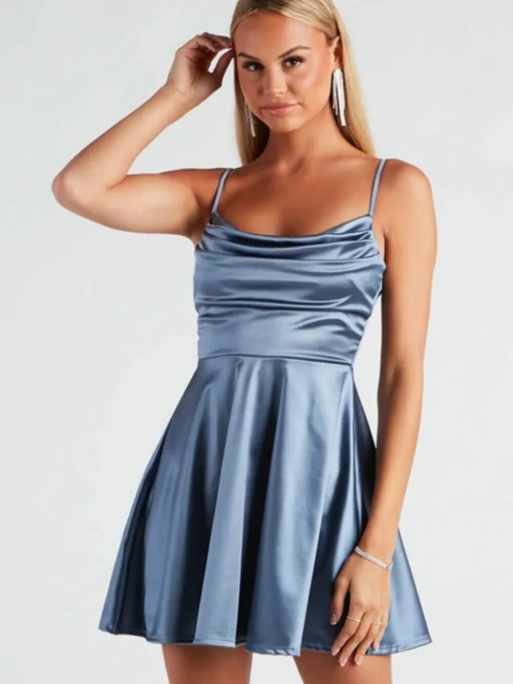 NWT Windsor L Blue Satin Cowl Neck Fit & Flare Mini Dress Cocktail Glam Romantic